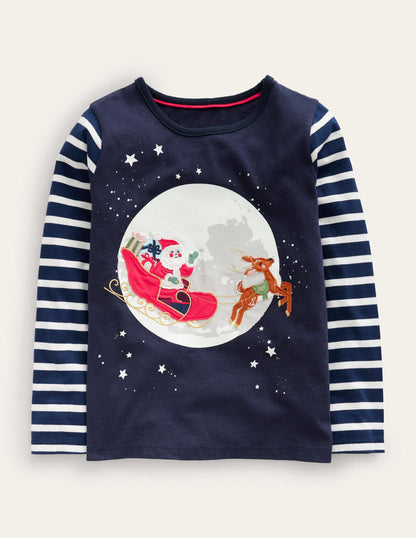 Festive Applique T-shirt-French Navy Sleigh Scene-1
