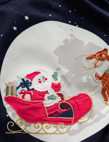 Festive Applique T-shirt-French Navy Sleigh Scene-3