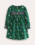 Cord Smocked Dress-Deep Green Unicorn Meadow