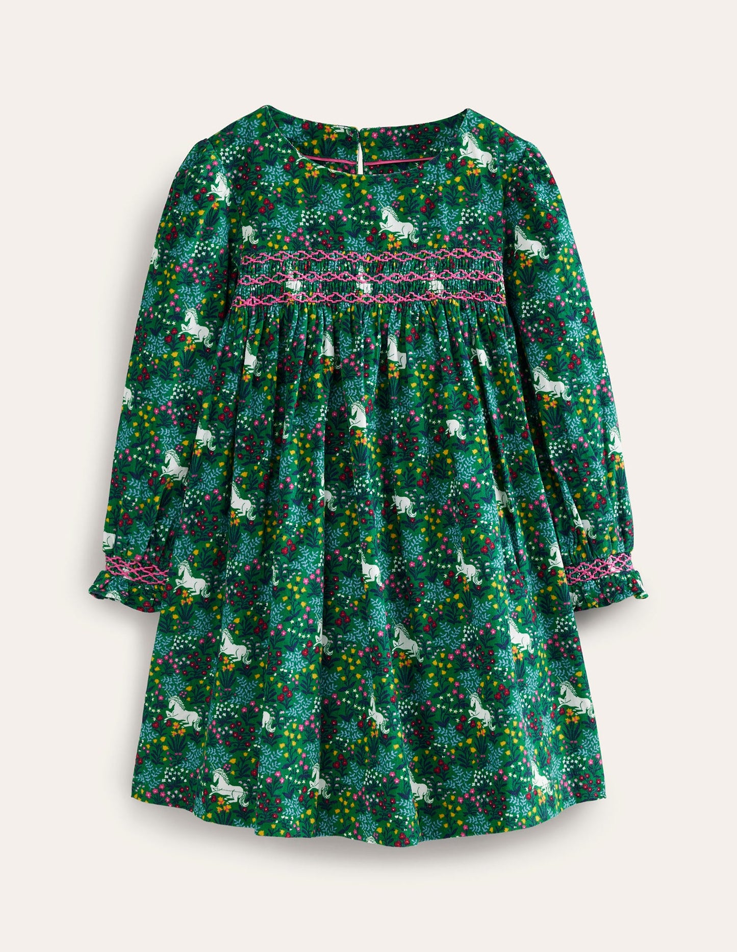 Cord Smocked Dress-Deep Green Unicorn Meadow
