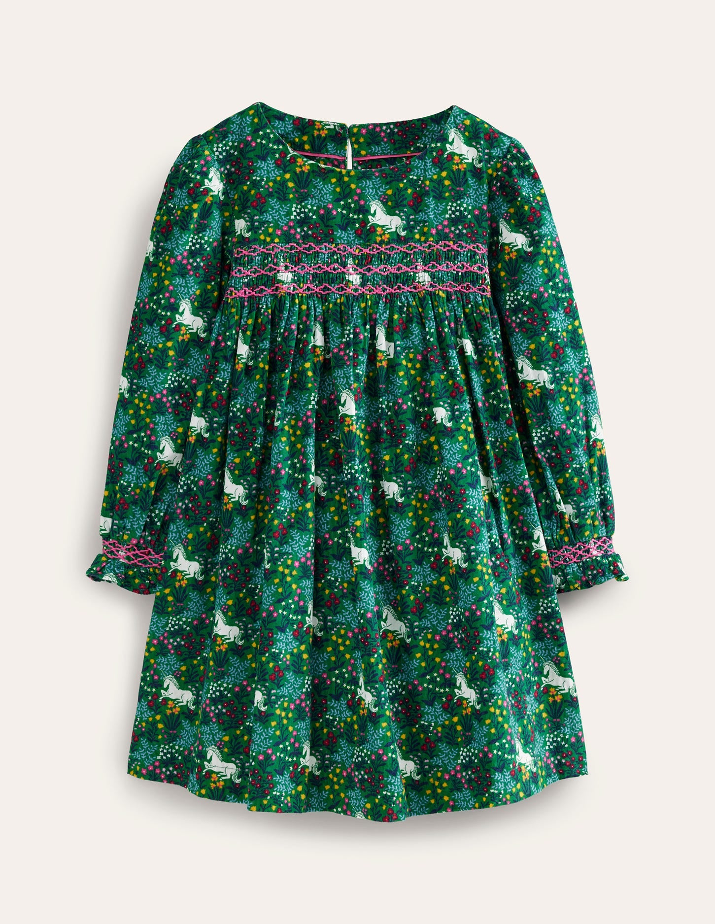 Cord Smocked Dress-Deep Green Unicorn Meadow - Image 1