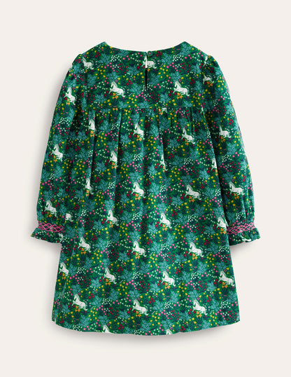 Cord Smocked Dress-Deep Green Unicorn Meadow-2