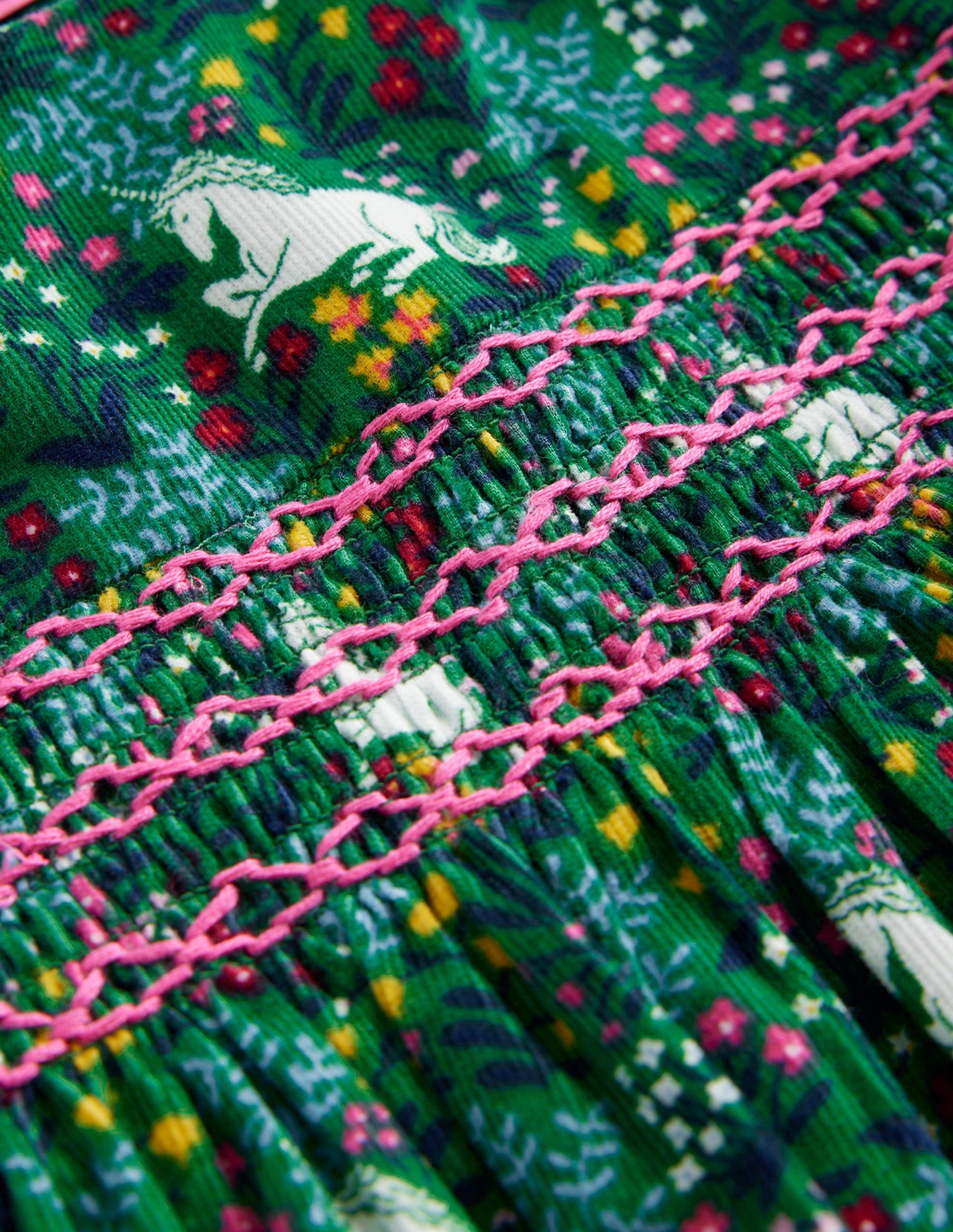 Cord Smocked Dress-Deep Green Unicorn Meadow - Image 3