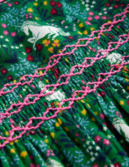 Cord Smocked Dress-Deep Green Unicorn Meadow-3