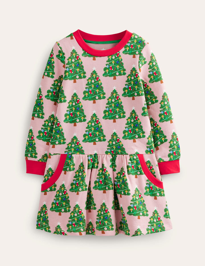 Cosy Printed Sweatshirt Dress-Boto Pink Christmas Trees