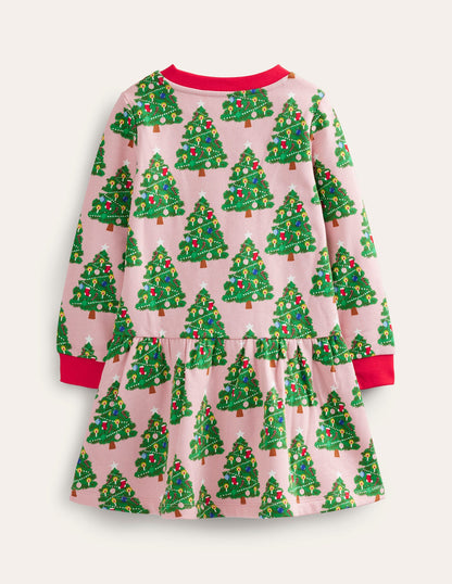 Cosy Printed Sweatshirt Dress-Boto Pink Christmas Trees-2