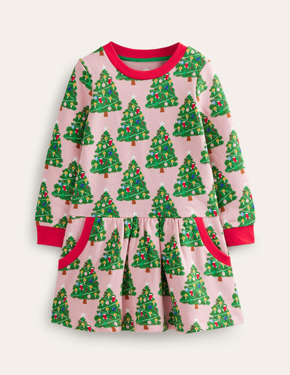 Cosy Printed Sweatshirt Dress-Boto Pink Christmas Trees-1