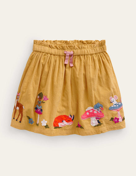 Appliqué Cord Skirt-Oil Yellow Woodland