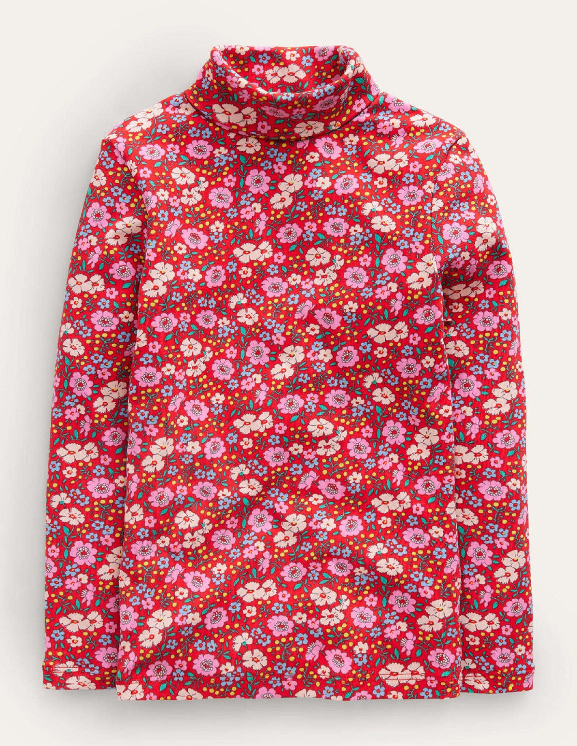 Super Soft Roll Neck Top-Brilliant Red Festive Flower-1
