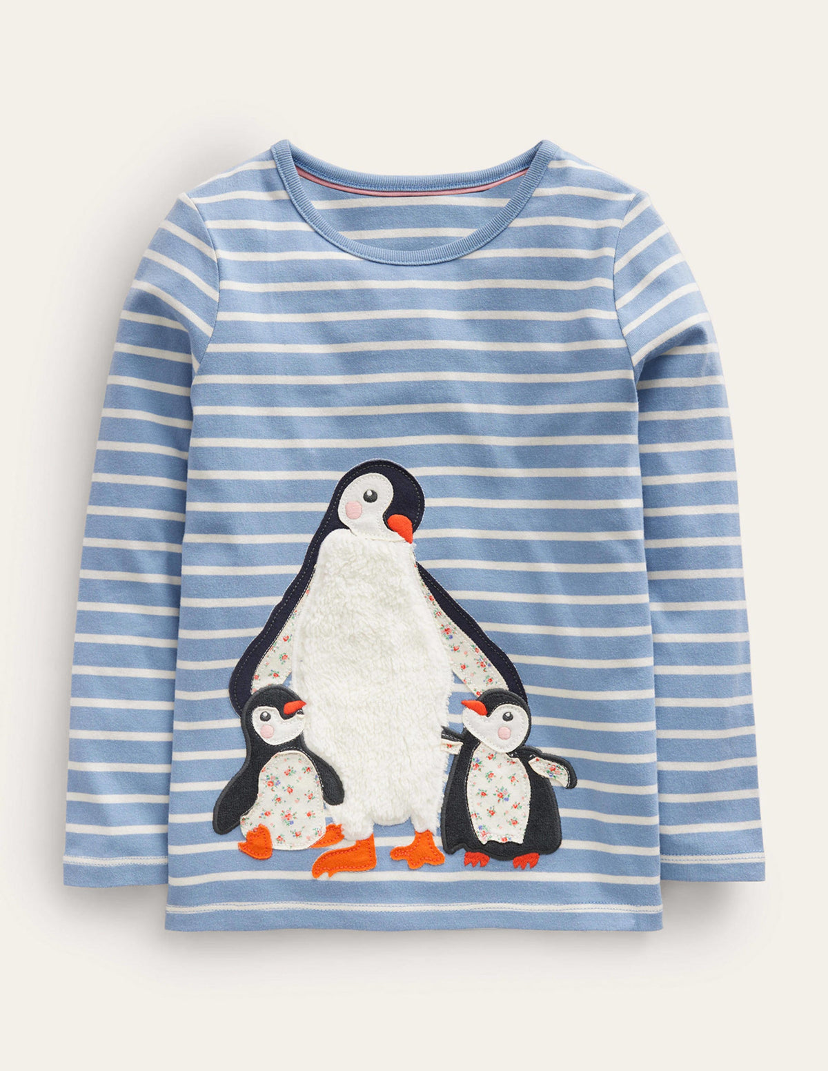 Puff Sleeve Appliqué T-shirt-Pebble Blue/Ivory Penguin - Image 1