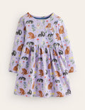 Long Sleeve Fun Jersey Dress-Light Purple Cats
