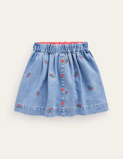 Button Through Twirly Skirt-Scattered Rainbow Embroidery-1