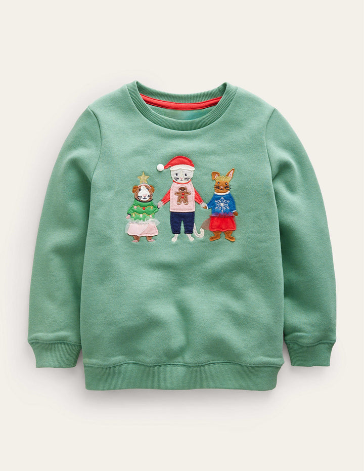 Cosy Applique Sweatshirt-Csarite Green Festive Friends