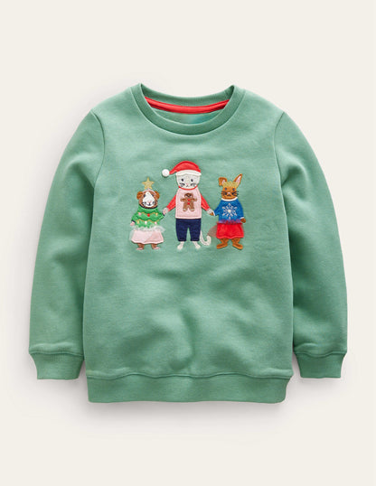Cosy Applique Sweatshirt-Csarite Green Festive Friends-1