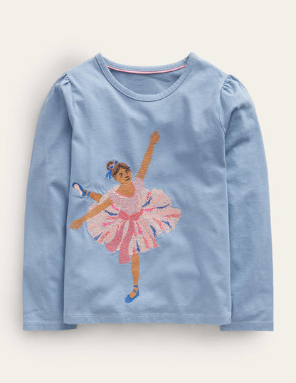 Appliqué Puff-Sleeve Top-Pebble Blue Ballerina-1
