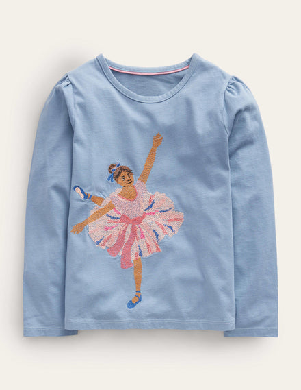 Appliqué Puff-Sleeve Top-Pebble Blue Ballerina