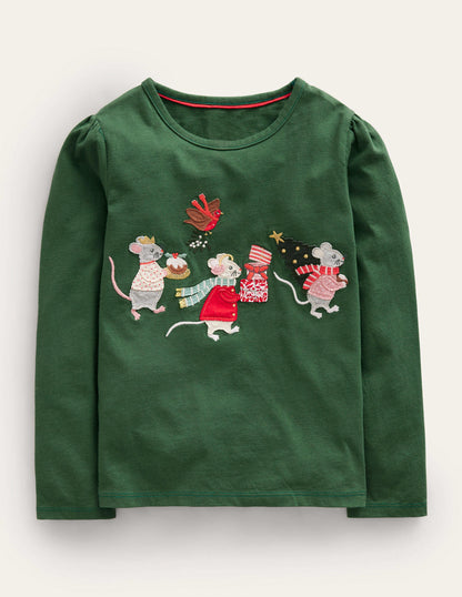 Appliqué Puff-Sleeve Top-Amazon Green Festive Mice-2