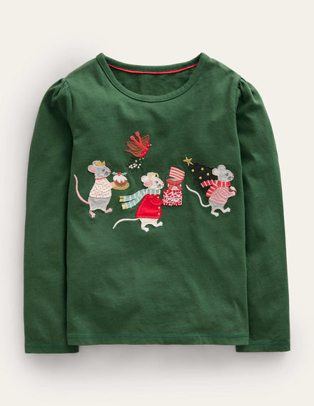 Appliqué Puff-Sleeve Top-Amazon Green Festive Mice