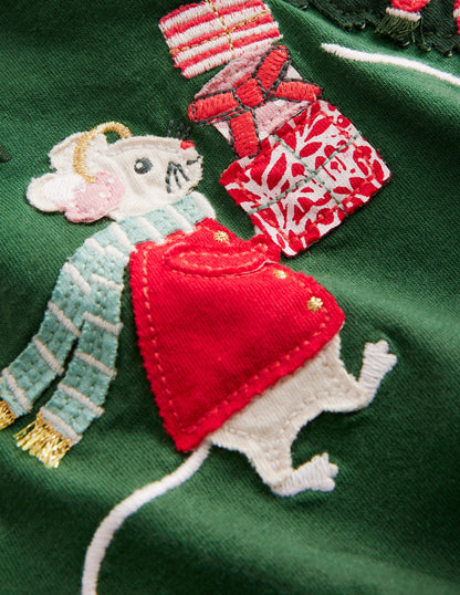 Appliqué Puff-Sleeve Top-Amazon Green Festive Mice-4