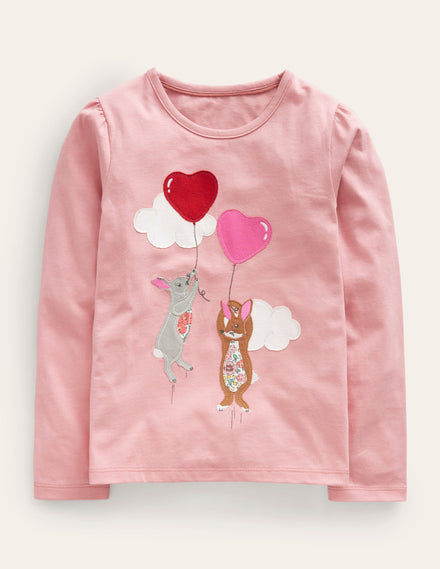 Appliqué Puff-Sleeve Top-Blush Pink Bunny