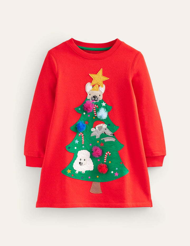 Cosy Appliqué Sweatshirt Dress-Brilliant Red Christmas Tree