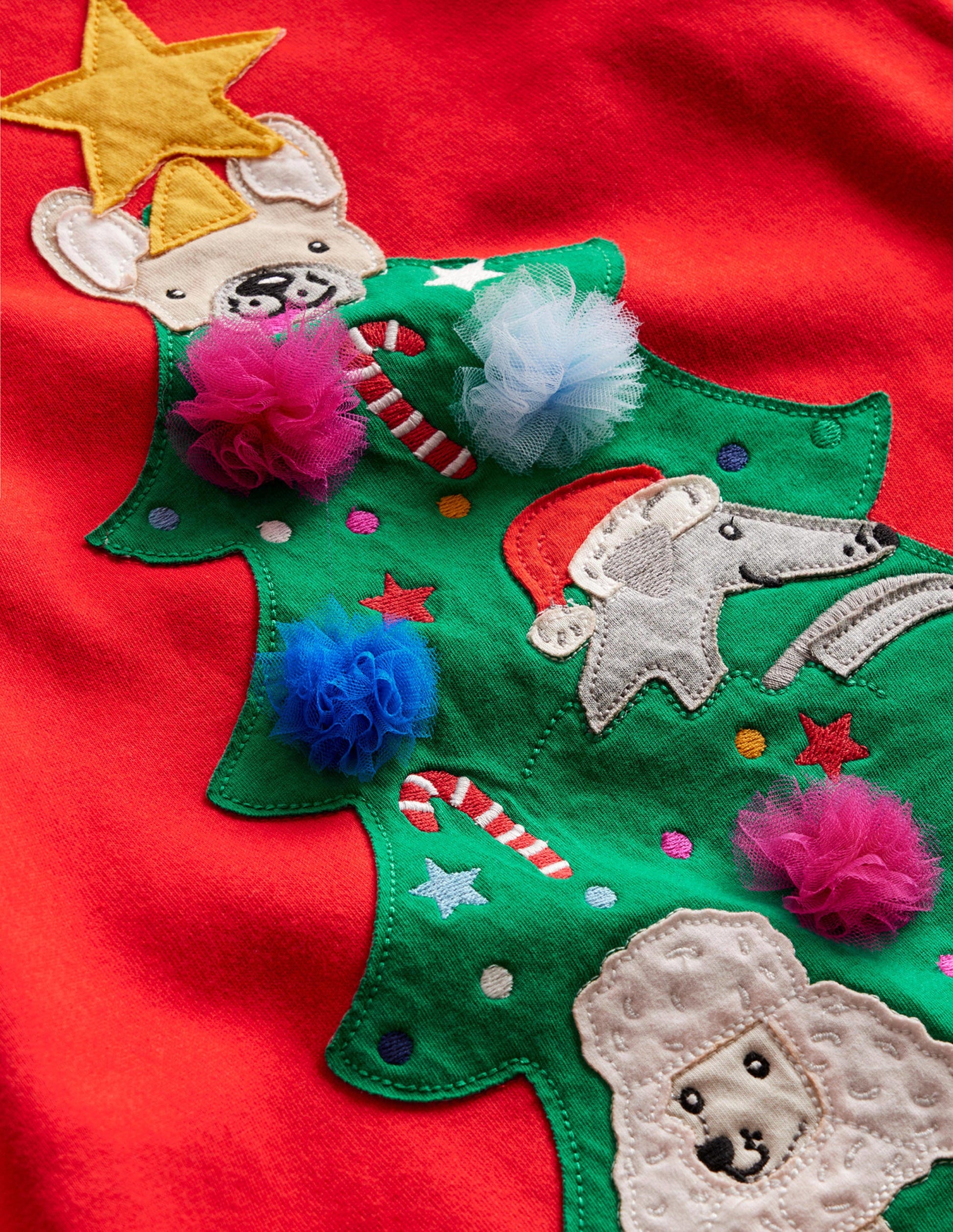 Cosy Appliqué Sweatshirt Dress-Brilliant Red Christmas Tree-3