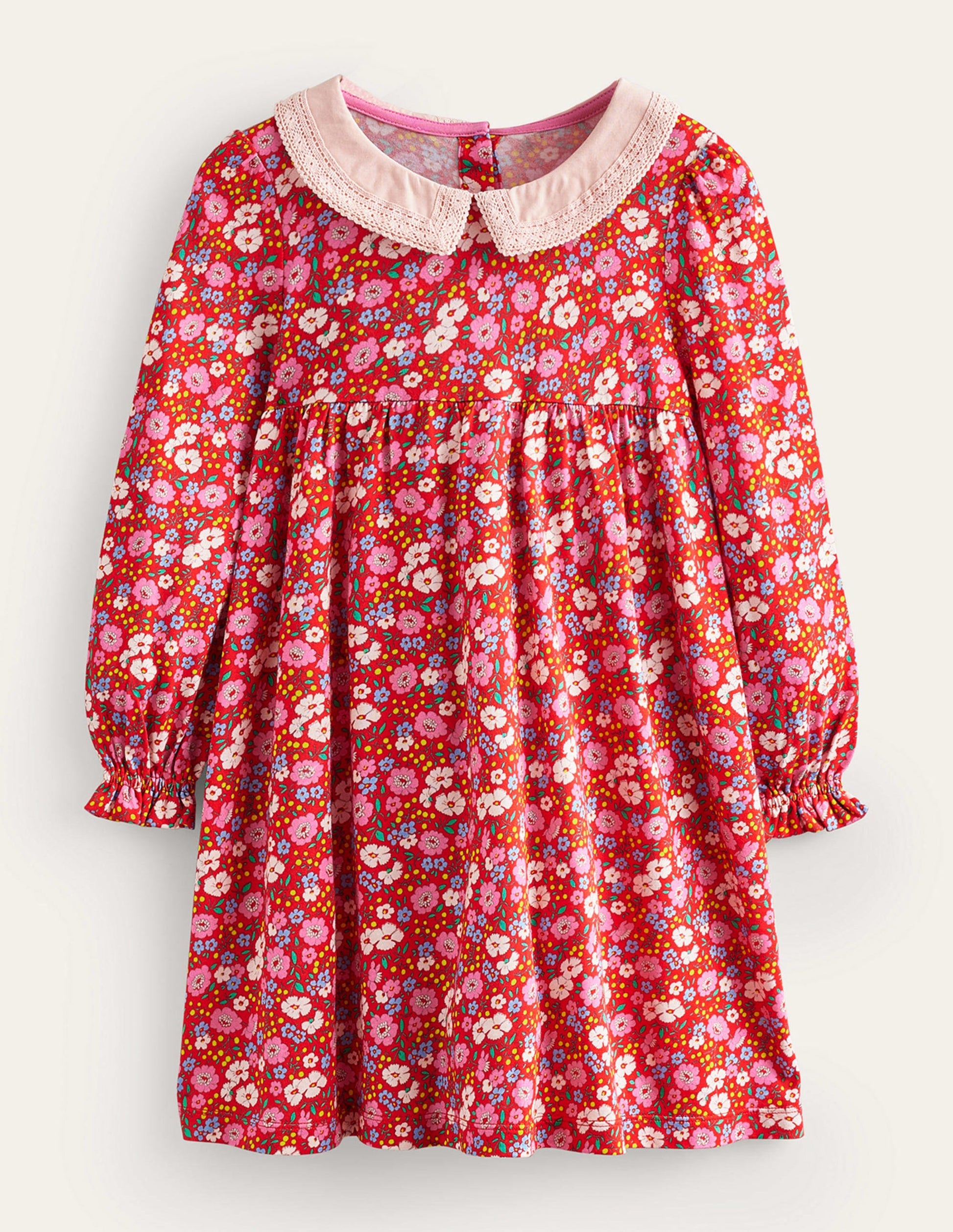 Lace Collar Jersey Dress-Brilliant Red Festive Flower-1