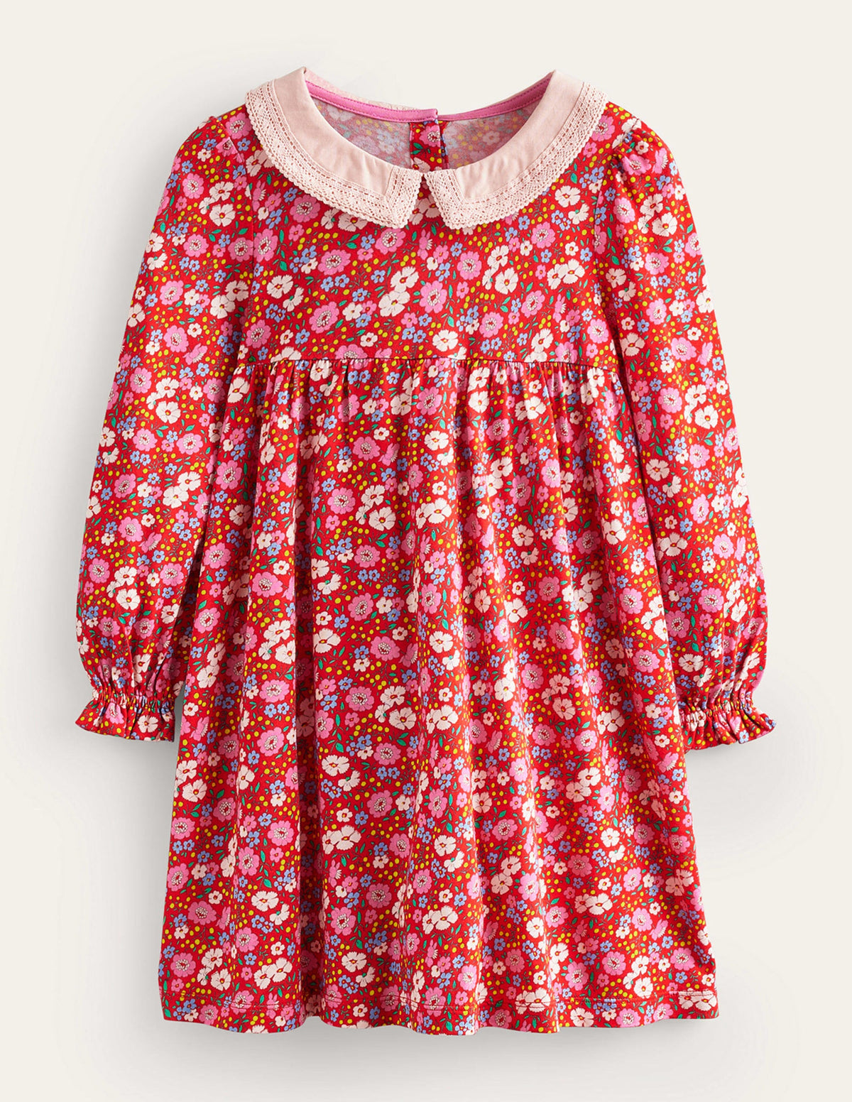 Lace Collar Jersey Dress-Brilliant Red Festive Flower - Image 1