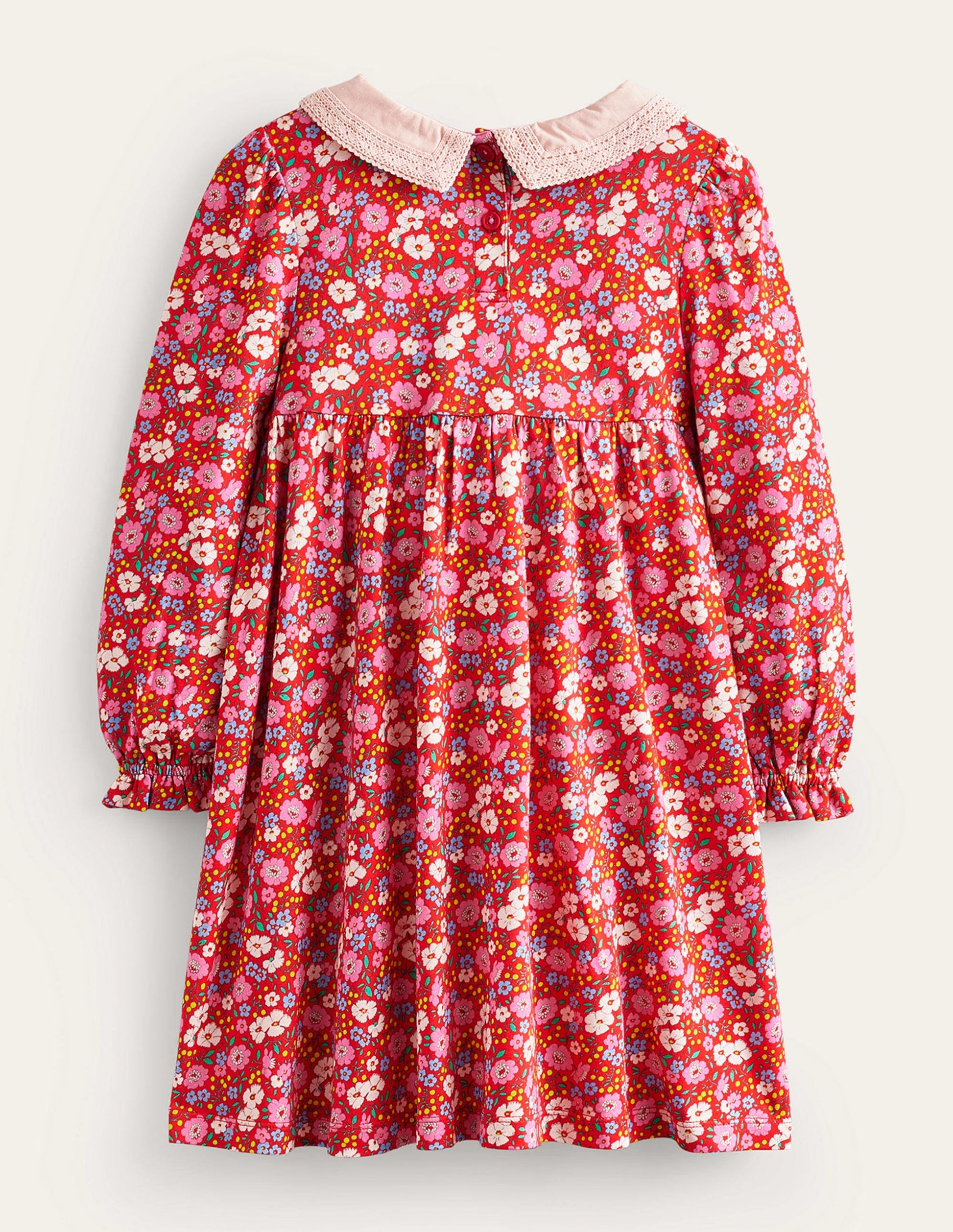 Lace Collar Jersey Dress-Brilliant Red Festive Flower-2