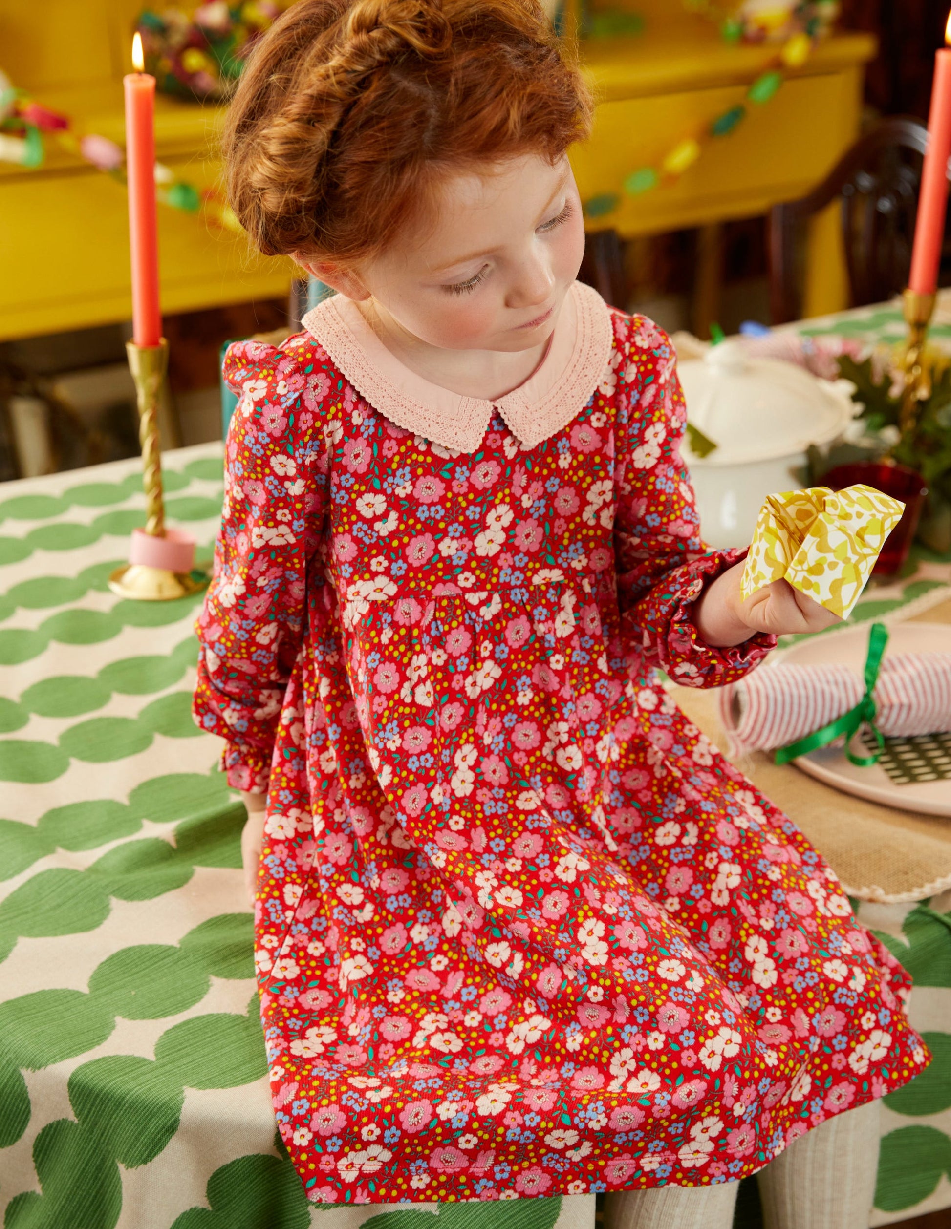Lace Collar Jersey Dress-Brilliant Red Festive Flower-4