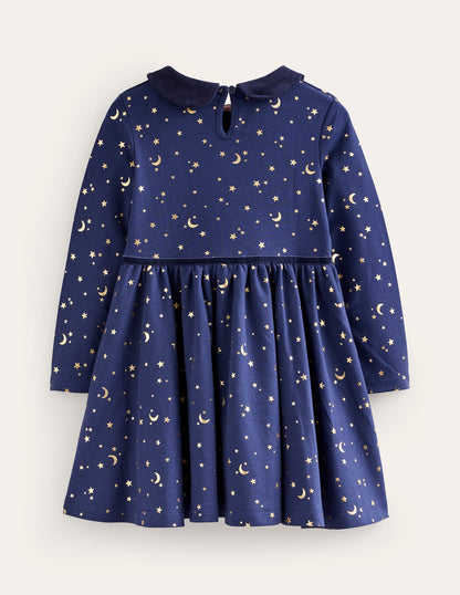 Collared Twirly Dress-College Navy Gold Foil Star-2