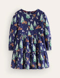 Twirly Cotton Dress-College Navy Festive Woodland