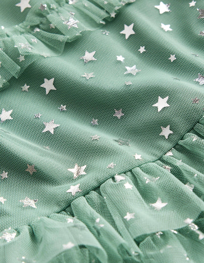Ruffle Tulle Star Dress-Csarite Green Foil Stars