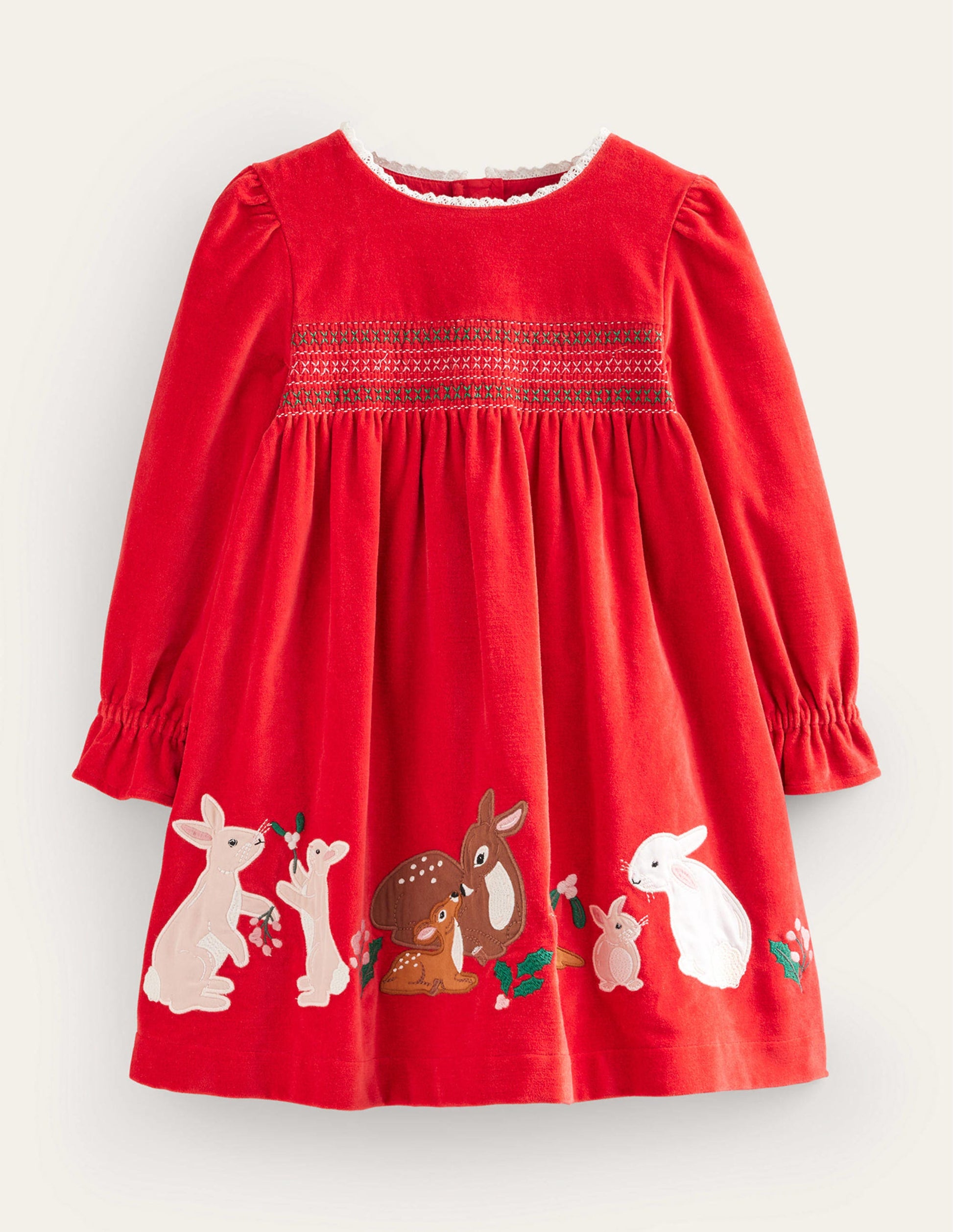 Applique Smocked Velvet Dress-Rockabilly Red-3
