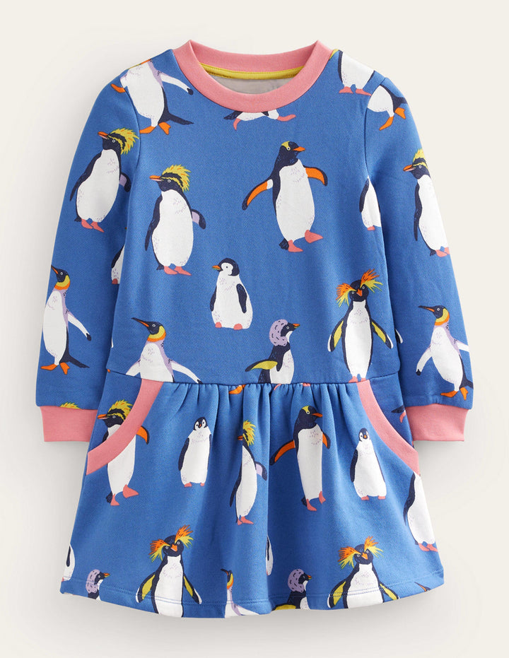 Cosy Printed Sweatshirt Dress-Delft Blue Penguin