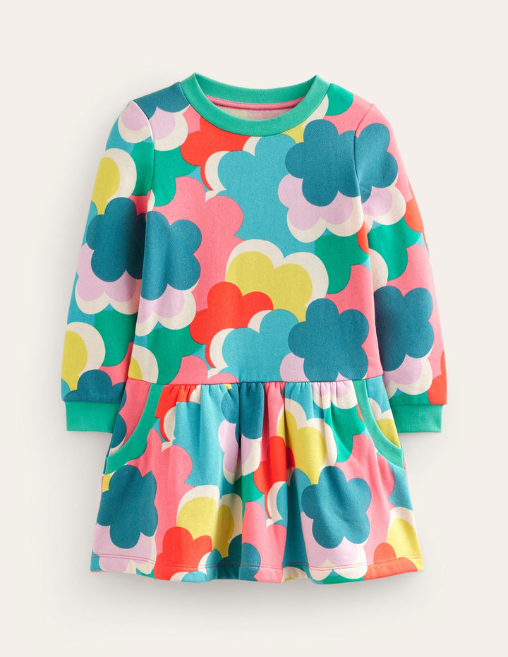 Cosy Printed Sweatshirt Dress-Multi Rainbow Clouds