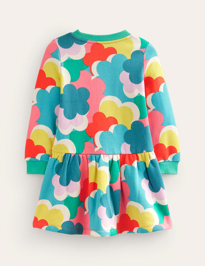 Cosy Printed Sweatshirt Dress-Multi Rainbow Clouds-2