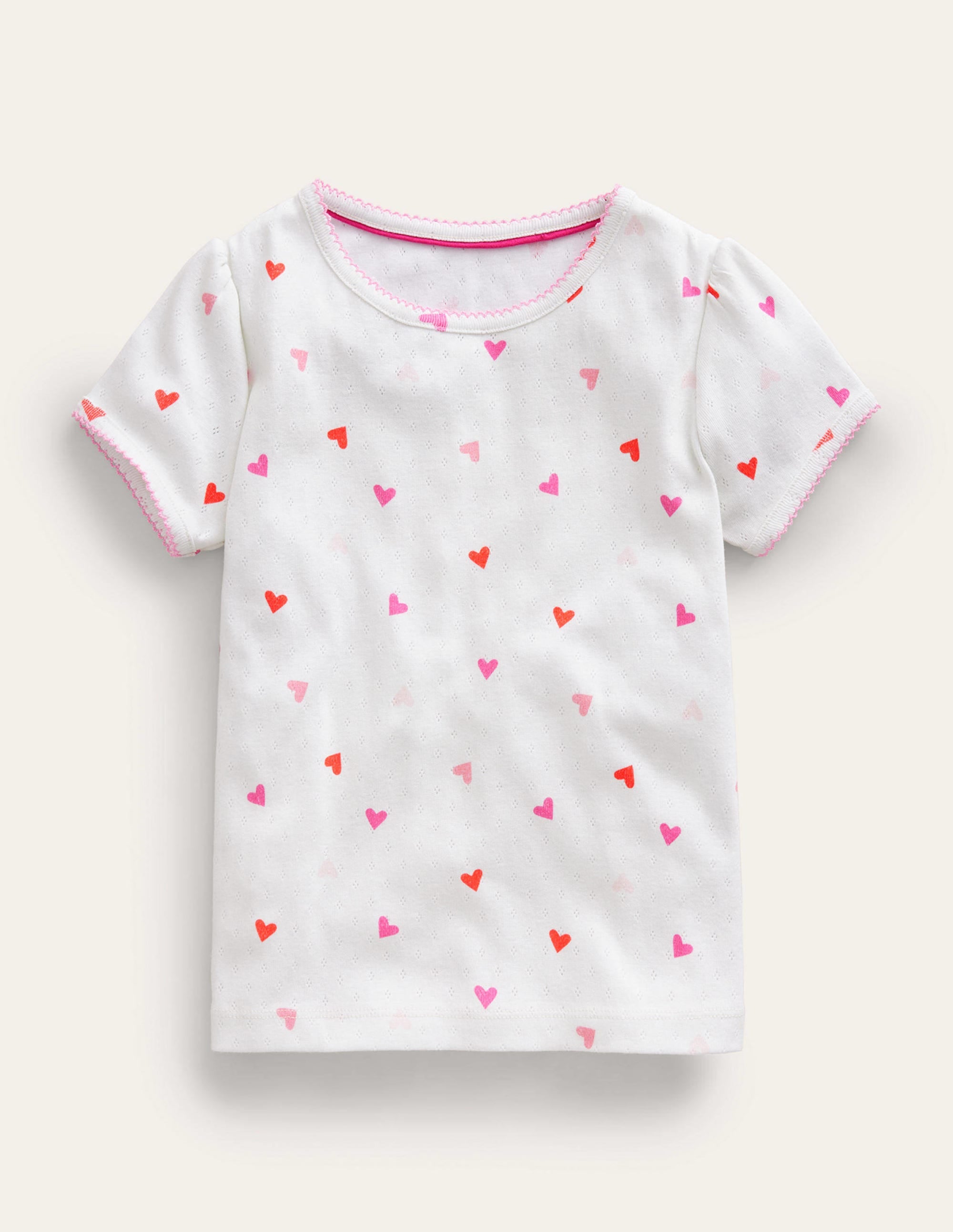 Short-sleeved Pointelle Top-Ivory Hearts - Image 1