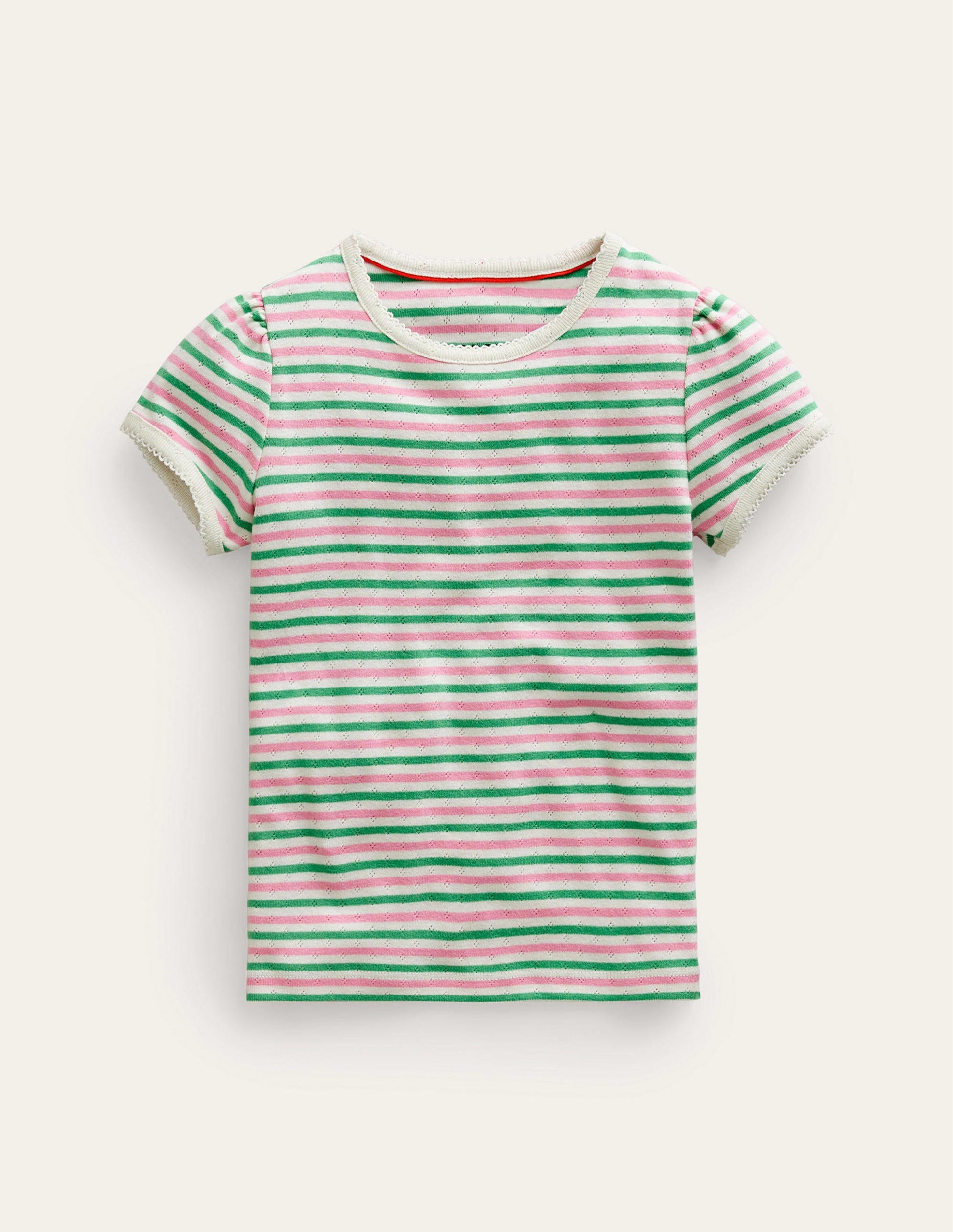 Short-sleeved Pointelle Top-Bubblegum Pink/Aloe Green-1