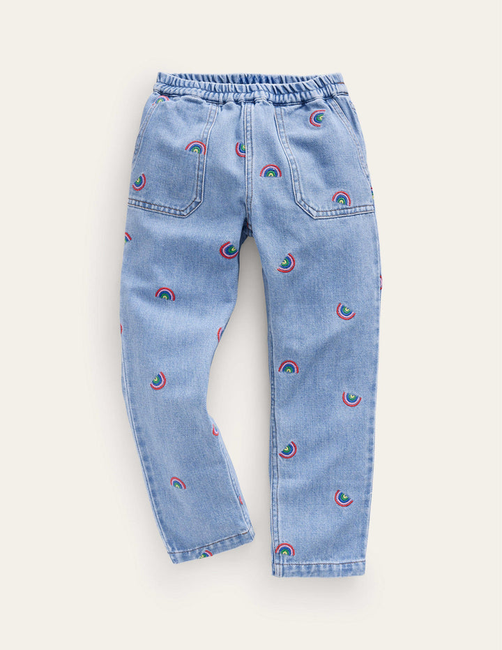 Denim Pull-on Jean-Scattered Rainbow Embroidery
