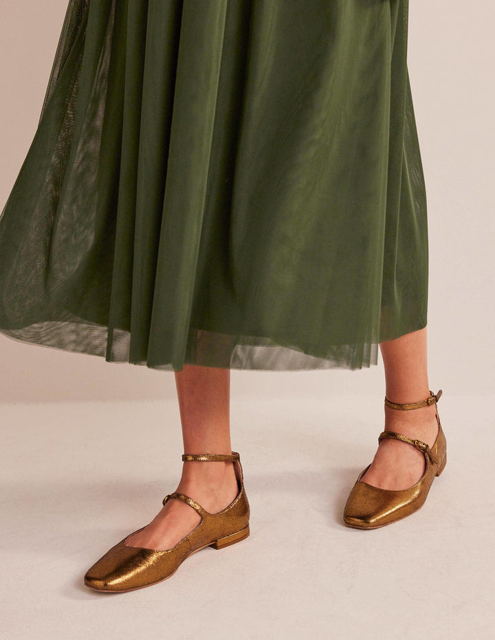 Double-Strap Mary Jane Shoes-Bronze Crinkle Leather