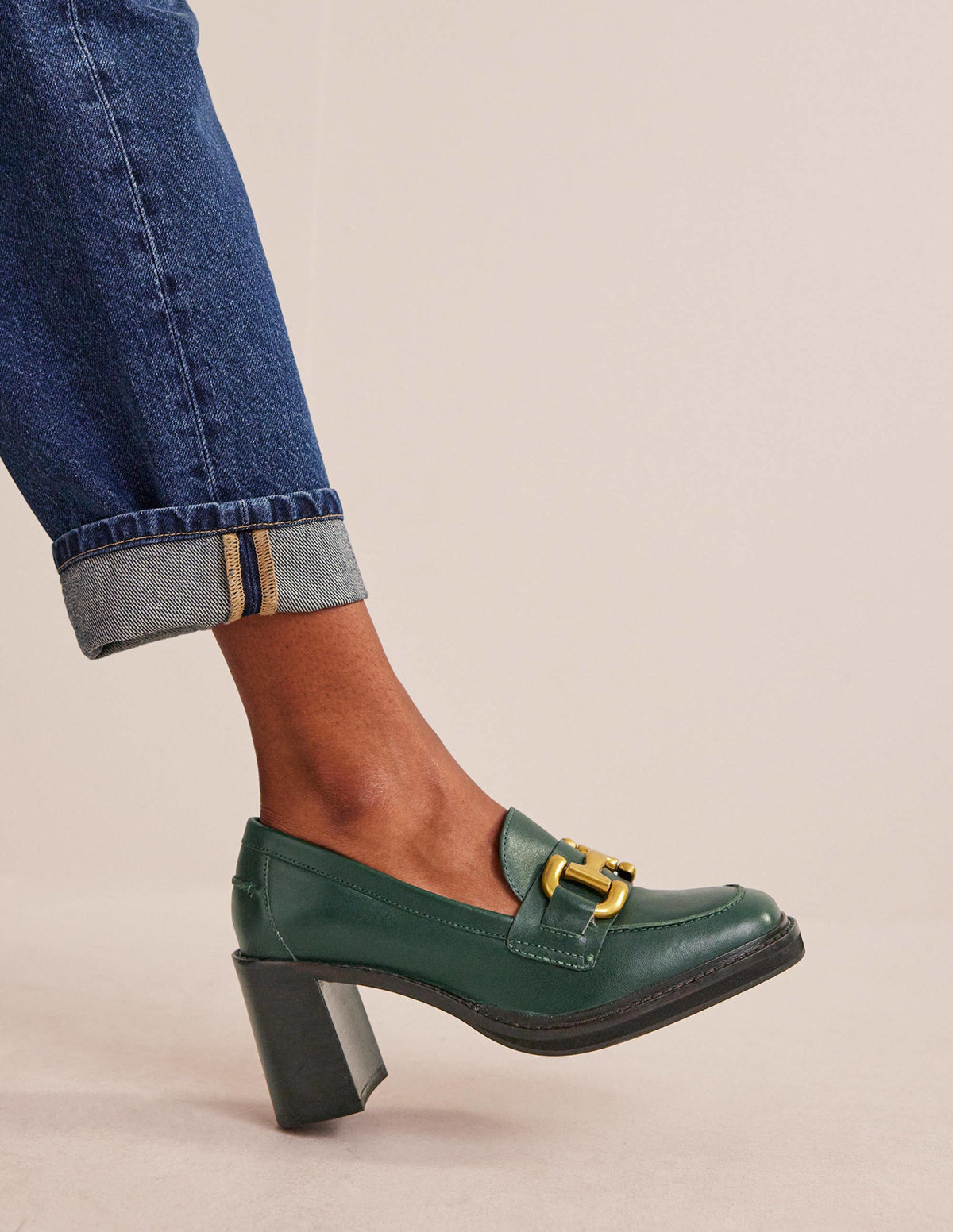 Iris Snaffle Heeled Loafers-Dark Green Leather - Image 1