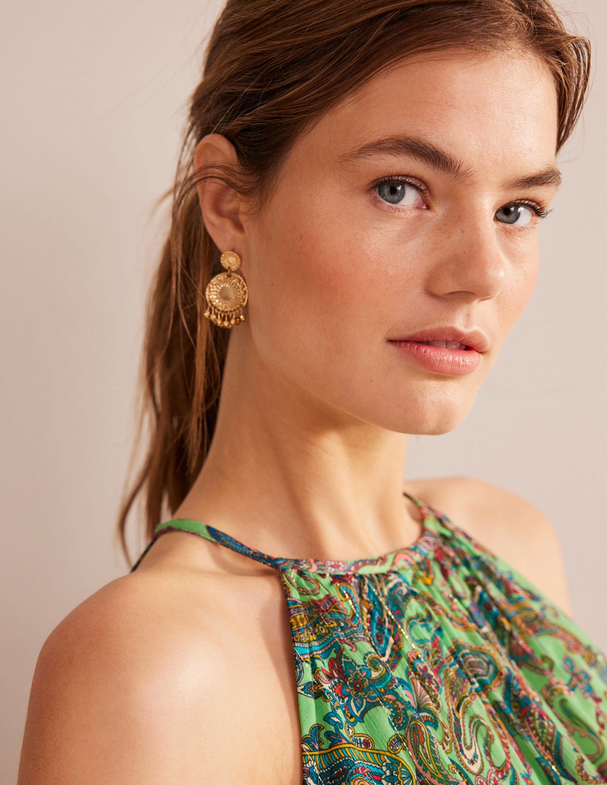 Beaded Coin Earrings-Gold - Image 1