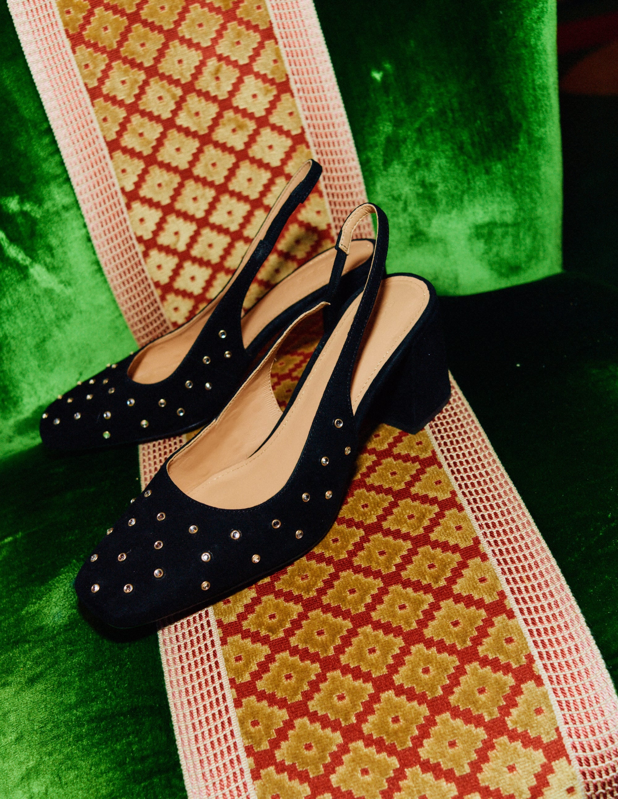 Slingback Mid-Heel Pumps-Black Suede, Crystals - Image 5