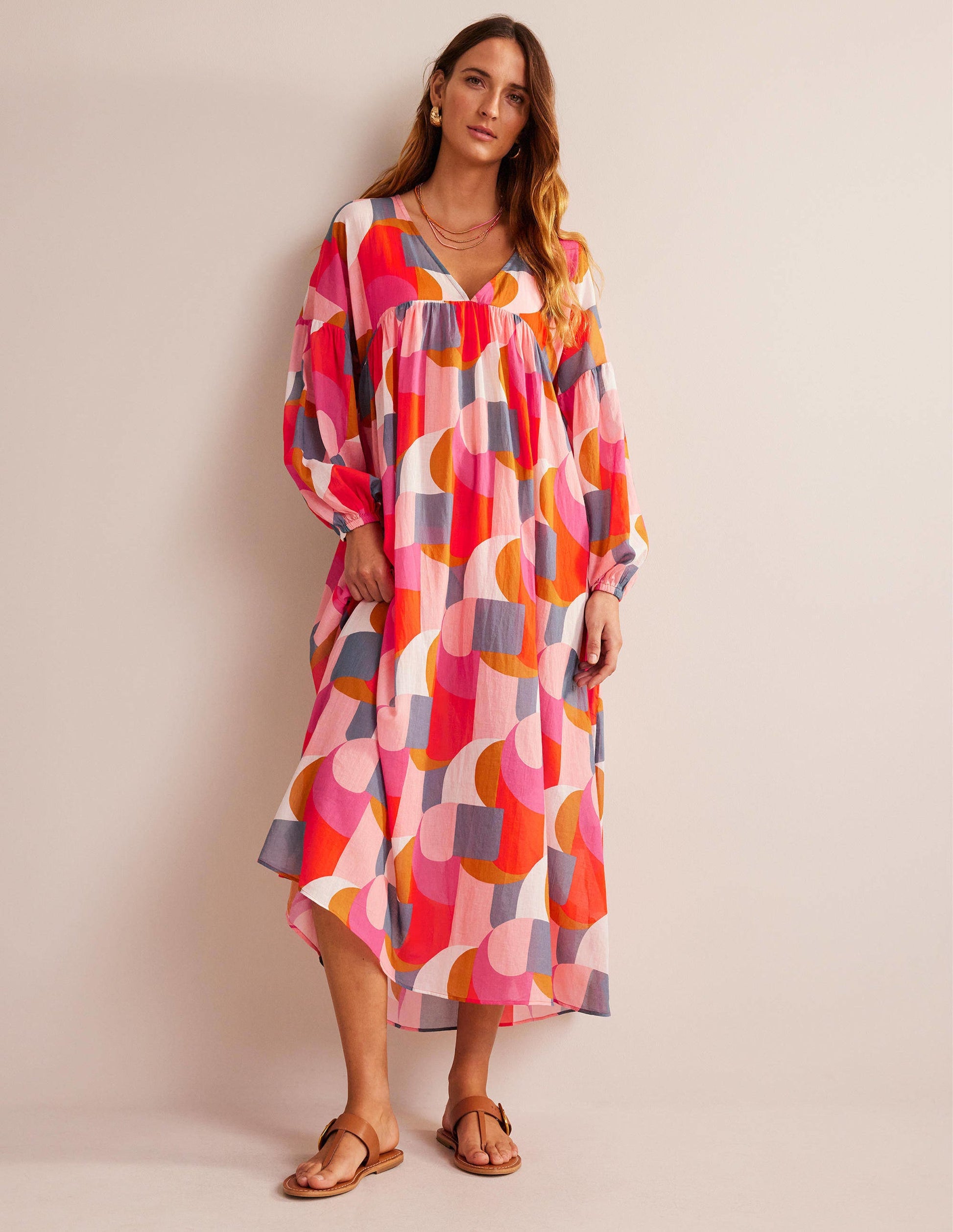 Sarah Maxi Kaftan Dress-Festival Pink, Geometric Swirl-1