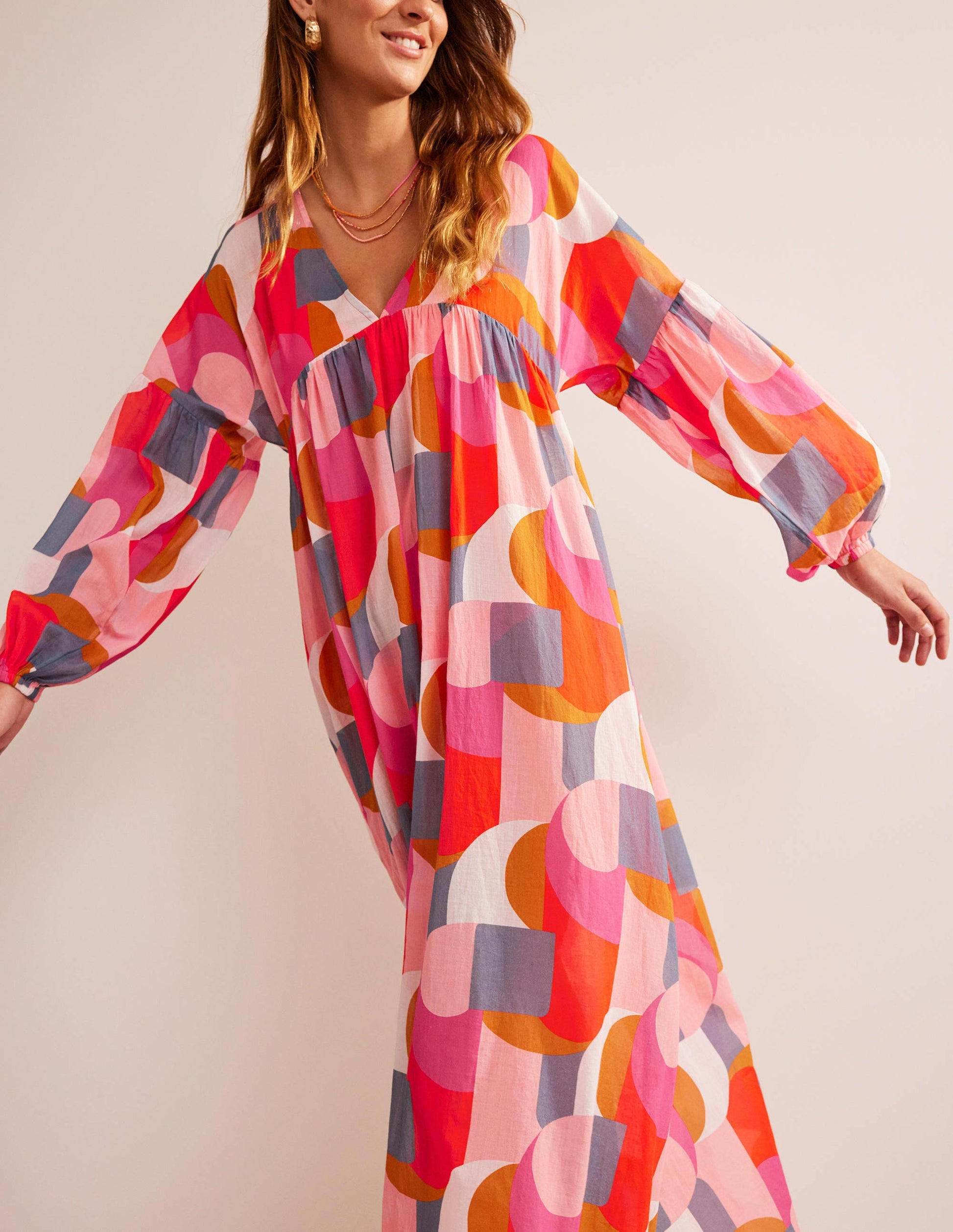 Sarah Maxi Kaftan Dress-Festival Pink, Geometric Swirl-4
