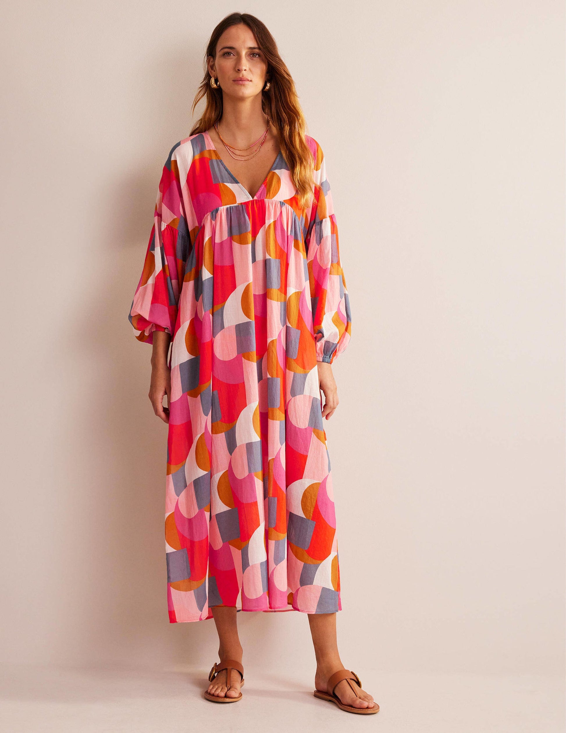 Sarah Maxi Kaftan Dress-Festival Pink, Geometric Swirl-5