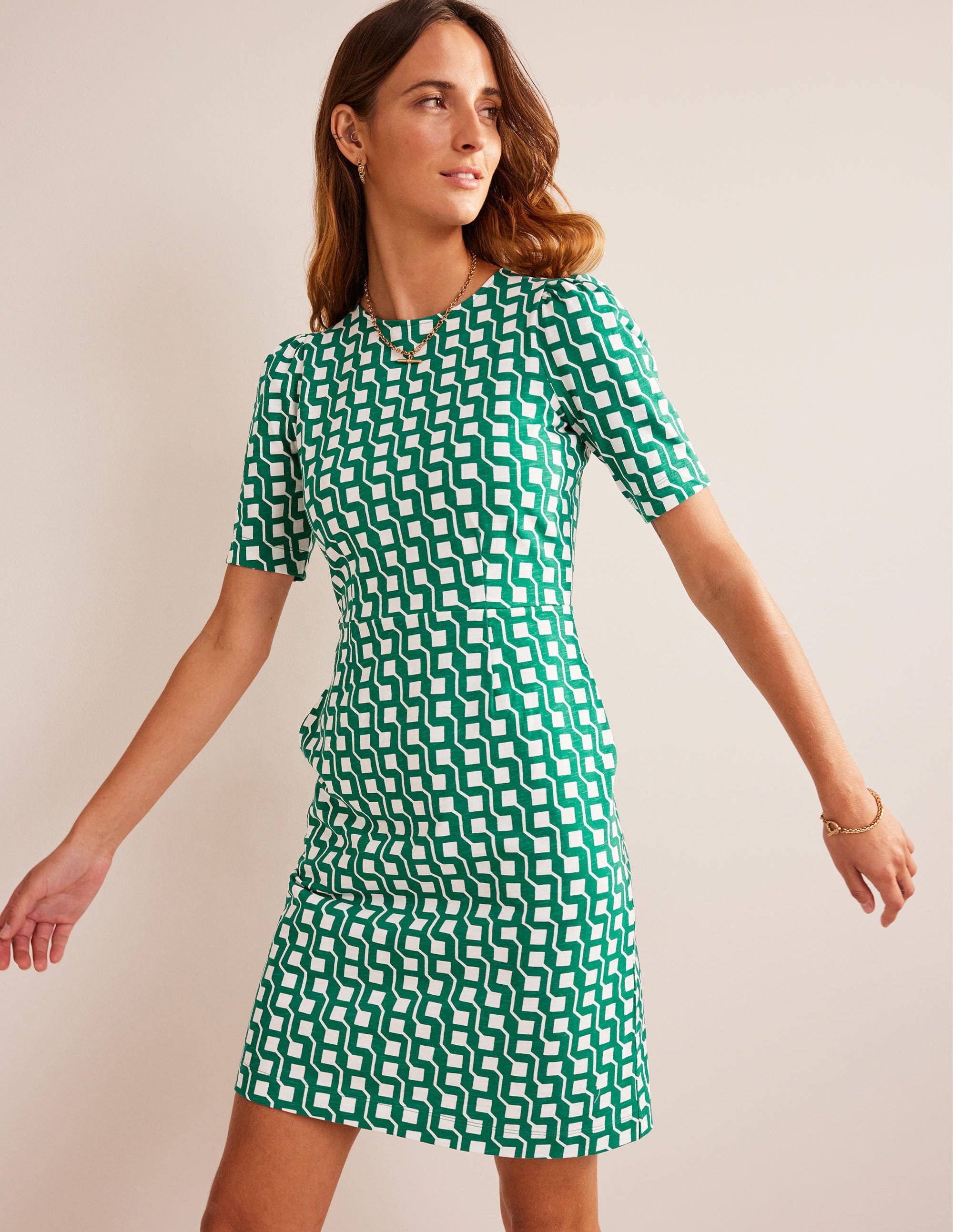 Zoe Jersey Dress-Bright Emerald, Cube Geo - Image 1