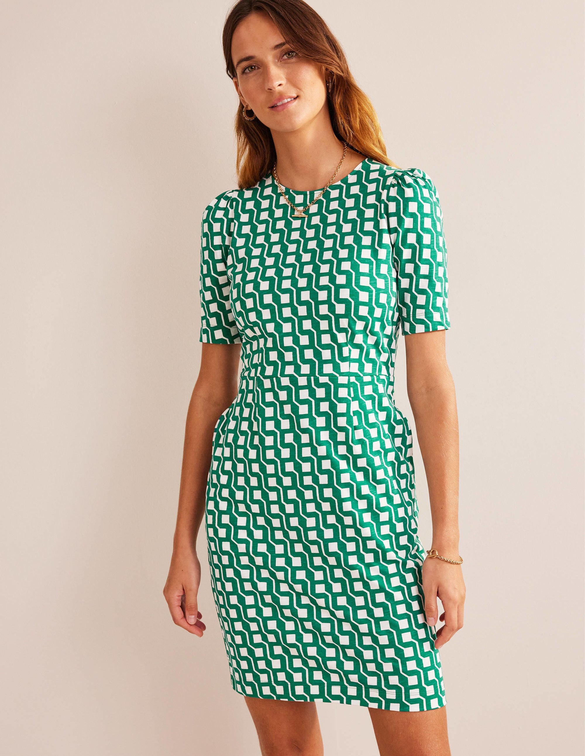 Zoe Jersey Dress-Bright Emerald, Cube Geo - Image 4