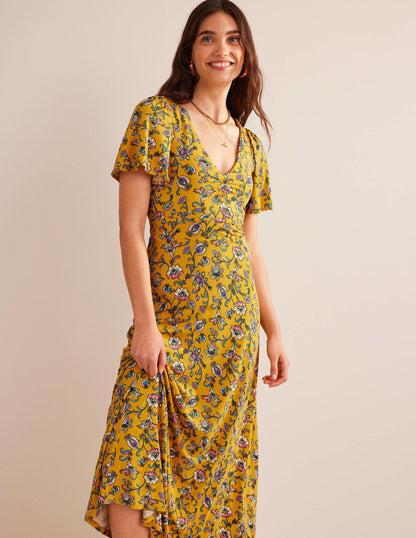 V-Neck Jersey Midi Dress-Mustard Seed, Meadow Fall